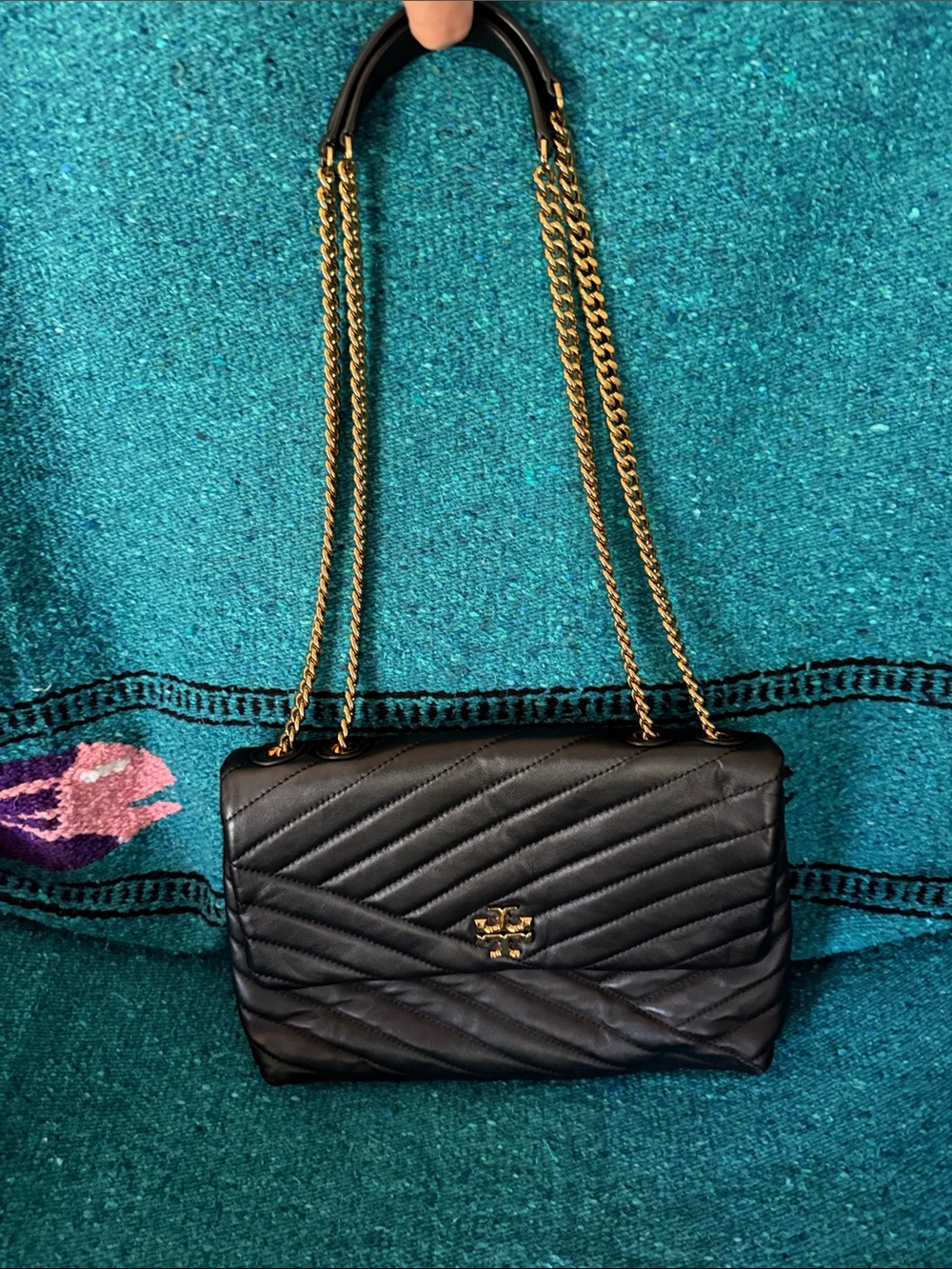 Tory Burch Black Quilted Leather Shoulder Bag with Gold Chain